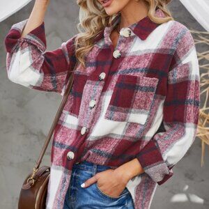 NWOT Women's Burgundy, White and Navy Blue Plaid Jacket/Shacket